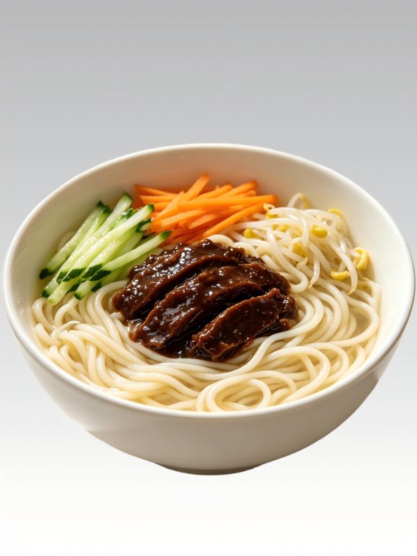 Zhajiangmian (Beijing-Style Soybean Paste Noodles)Classic Beijing-style noodles topped with thick, savory soybean paste sauce, served with fresh julienned cucumber, carrots, and bean sprouts.